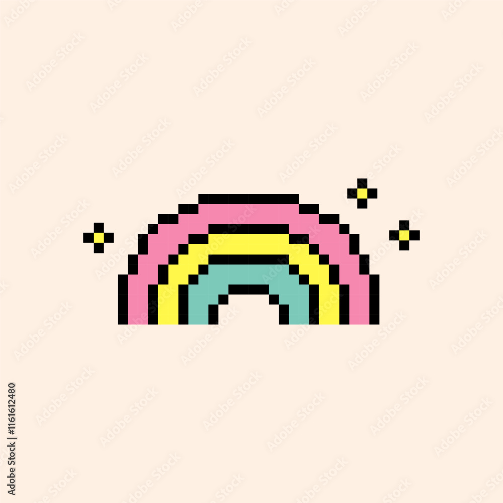 Obraz premium Rainbow arch emoji. Rainbow pixel art icon. Colorful retro sticker. Editable pixel vector illustration. Cute badge. Game abstract element. Y2k modern geometric shape for collage, poster. Mood of 90s