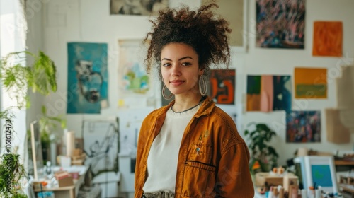 Artistic portrait of a freelance female designer in her studio, featuring creative elements and soft lighting, on solid white background, single object photo