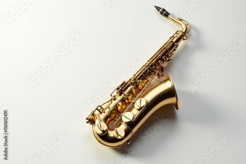 Sleek gold saxophone positioned centrally on a pristine white surface, gold, equipment photo