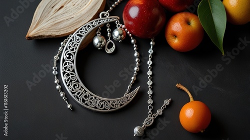 Ramadan moon decor with Islamic rosary beads and dates fruit.