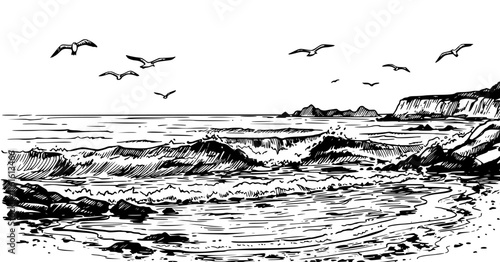 Sea landscape with water waves, seagulls, and rocks. Vector panoramic illustration. Black and white beach sketch. Transparent background PNG cutout