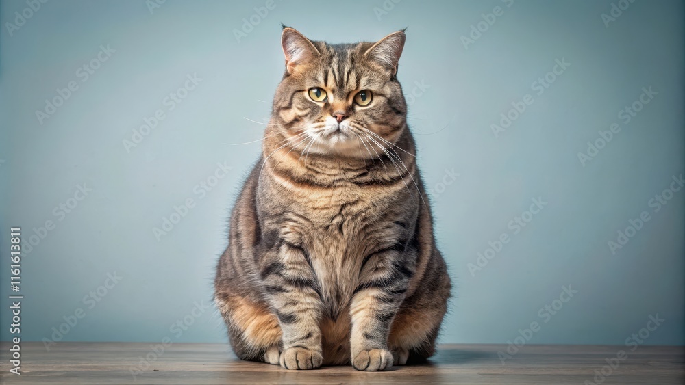 Fat cat with a displeased expression sitting and looking at the camera, overweight, unhappy, grumpy, pet Fat cat with a displeased expression sitting and looking at the camera, overweight, unhappy, grumpy, pet
