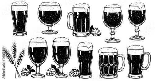 A detailed vector illustrations of a beer glasses with hops and wheat ears in a vintage style. The black and white beer set. Transparent background PNG cutout