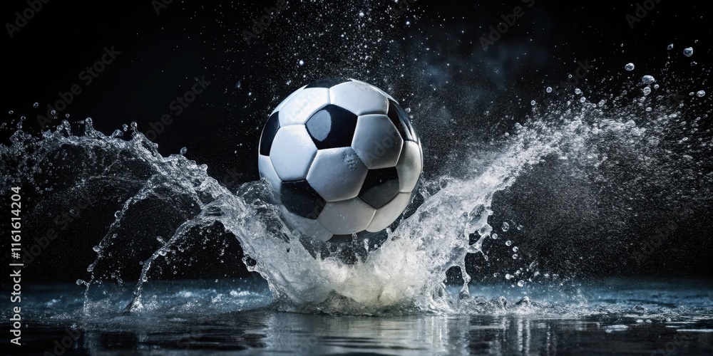 Fototapeta premium Soccer ball splashing into water on black background, soccer, ball, water, splash, black background, sports, recreation, outdoor, action