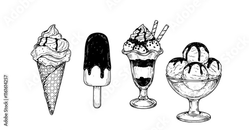 Ice cream vector sketch desserts. Hand drawn wafer cone, gelato, chocolate glazed, sundae, and ice cream served in a glass bowl. Transparent background PNG cutout

