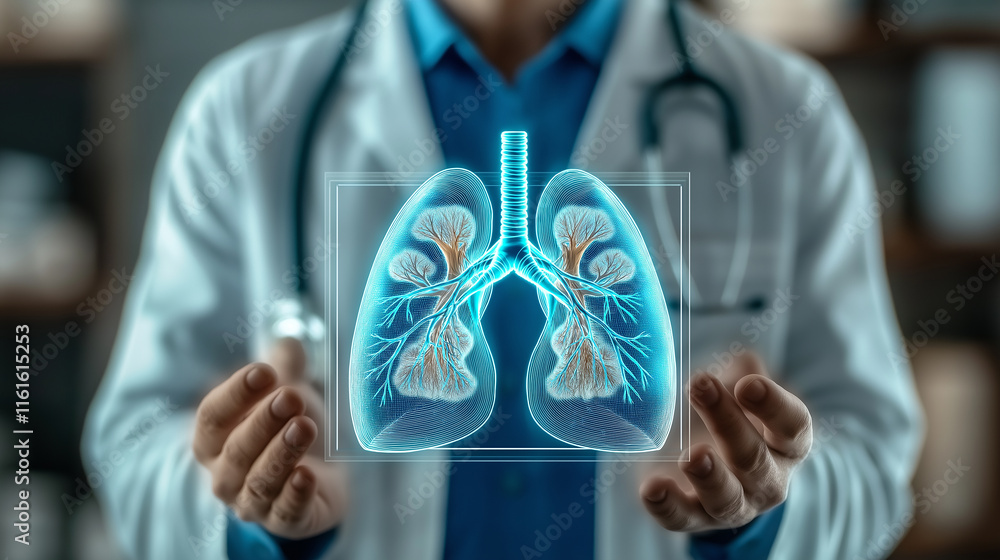 Doctor showing hologram of healthy human lungs in futuristic medical examination Doctor showing hologram of healthy human lungs in futuristic medical examination