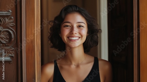 Elegant young woman smiling from a classic doorframe, blending timeless aesthetics with modern style