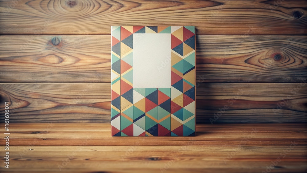 Obraz premium Miniature geometric retro flyer mockup on a wooden desk, illustration, desktop, illustration