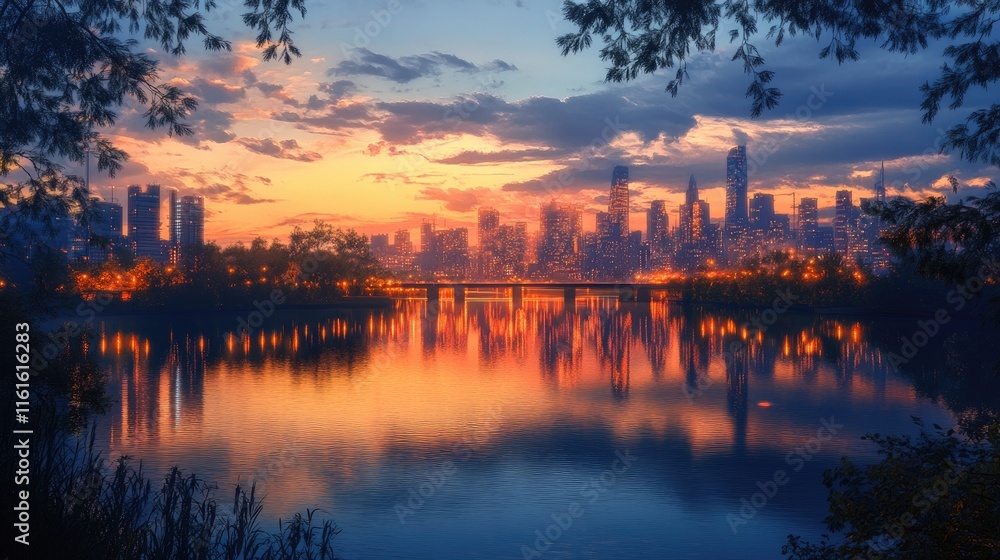 A tranquil cityscape with glowing reflections on the river at twilight, perfect for art lovers A tranquil cityscape with glowing reflections on the river at twilight, perfect for art lovers