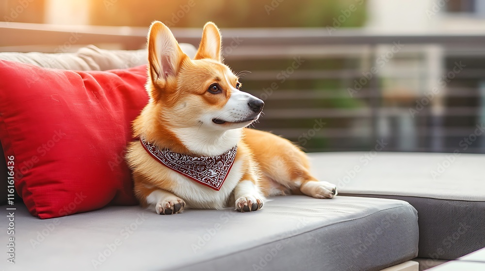 Happy corgi dog relaxing on outdoor sofa. Happy corgi dog relaxing on outdoor sofa.