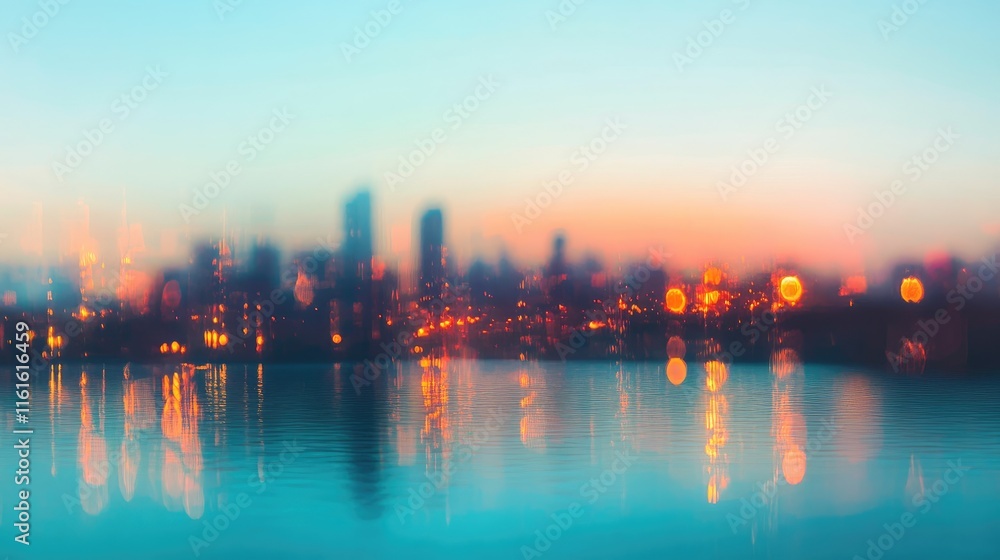 Fototapeta premium An ethereal skyline at dusk with glowing lights and vibrant reflections, creating a dreamy and collectible image