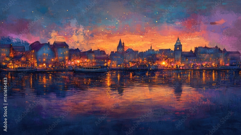 Obraz premium A breathtaking cityscape at dusk with glowing lights shimmering on the water, creating a serene and magical scene