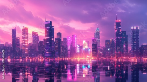A vibrant skyline at dusk with glowing lights and colorful reflections, set against a soft twilight sky