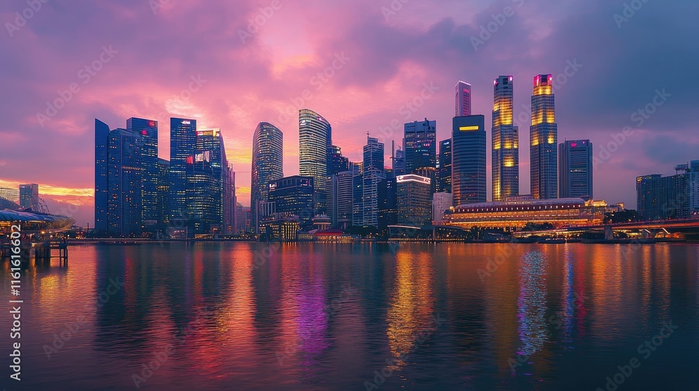 A dazzling skyline at dusk with warm lights shimmering in the water, creating a tranquil urban atmosphere A dazzling skyline at dusk with warm lights shimmering in the water, creating a tranquil urban atmosphere