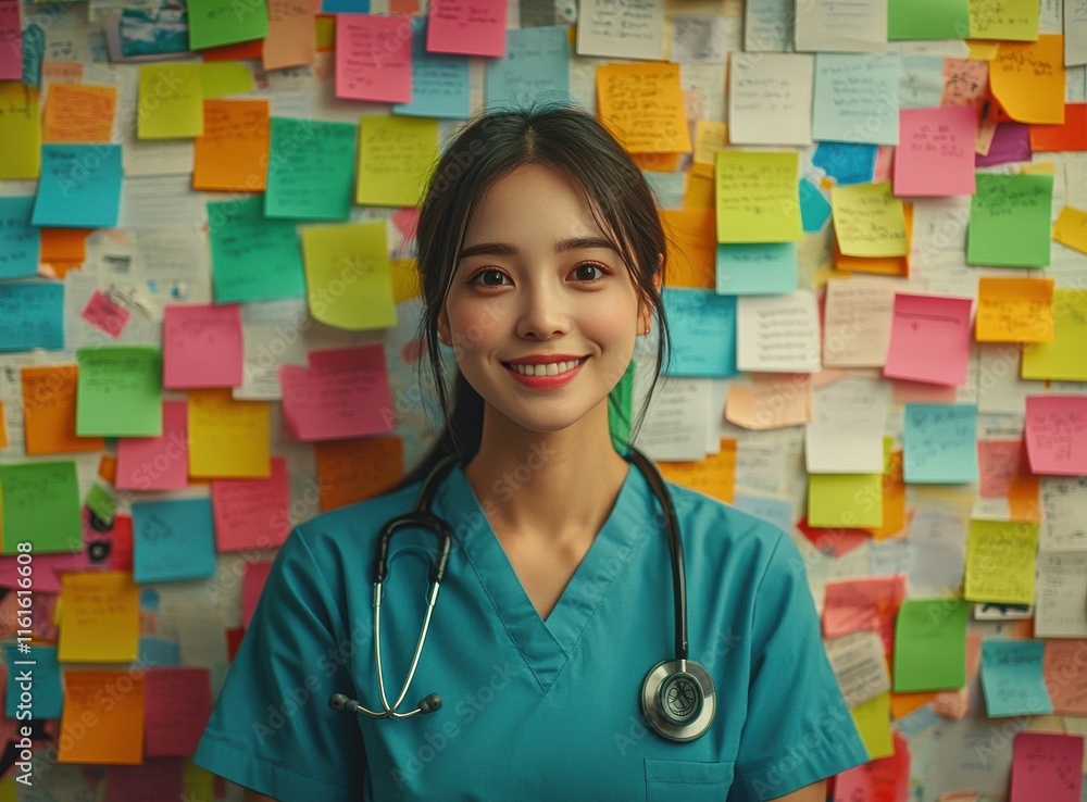Φωτογραφία A woman in a blue scrubs is smiling at the camera