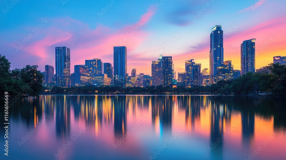 Fototapeta premium A dazzling urban skyline with glowing lights and colorful reflections, creating an ethereal dusk scene