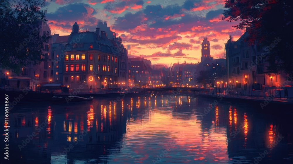 Obraz premium A serene city view at dusk with glowing windows and soft, colorful reflections on the river