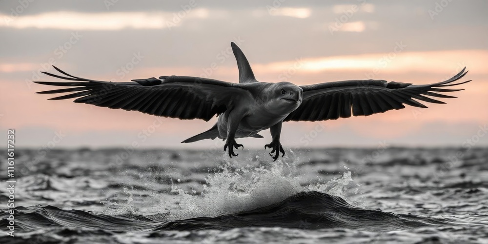 Naklejka premium Pelican soaring above ocean waves at dusk showcasing elegance and grace during sunset hours