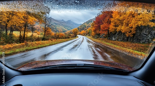 Scenic Autumn Roadview with Rainfall through Car Windshield photo