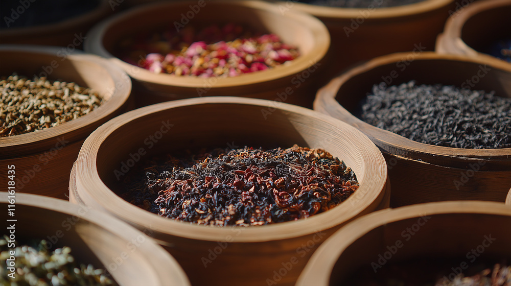 Assortment of Aromatic Spices and Herbs Displayed in Rustic Wooden Bowls.
Assortment of Aromatic Spices and Herbs Displayed in Rustic Wooden Bowls.
