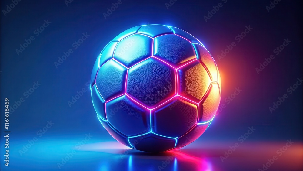 Obraz premium Abstract glowing neon colored soccer ball over blue background