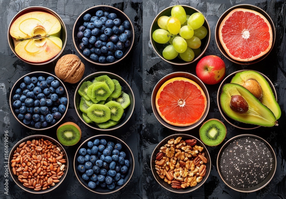 A close up of a variety of fruits and nuts in bowls A close up of a variety of fruits and nuts in bowls