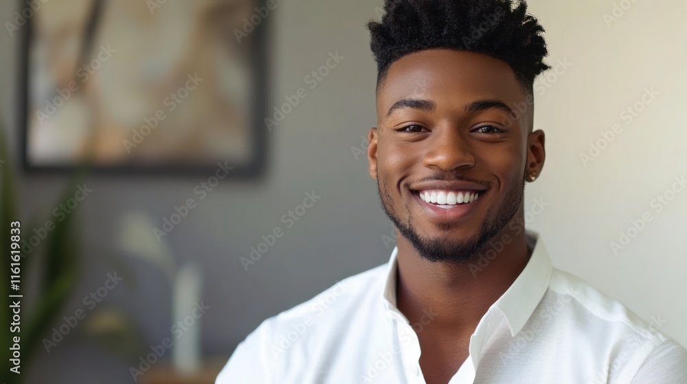 Happy young man confidently smiling in a professional office setting. Happy young man confidently smiling in a professional office setting.