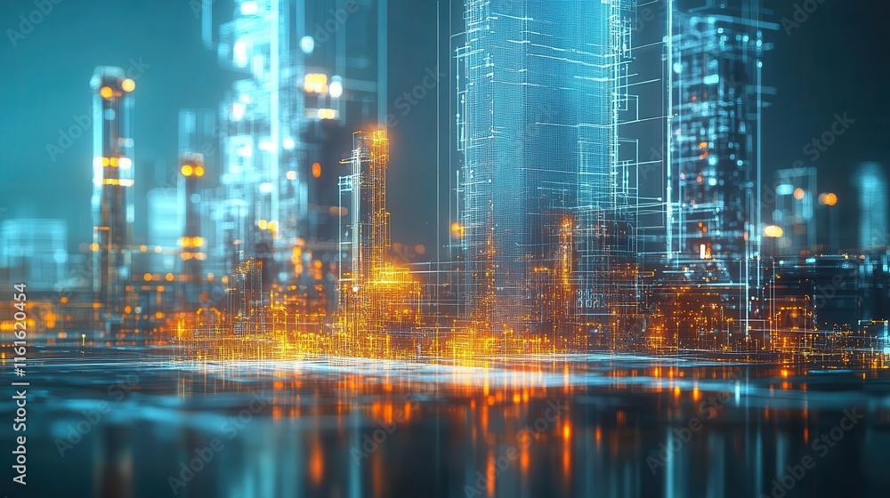 Urban development under construction with holographic building plans projected in mid-air, sleek modern machinery, neon lighting, sharp focus on future growth Urban development under construction with holographic building plans projected in mid-air, sleek modern machinery, neon lighting, sharp focus on future growth
