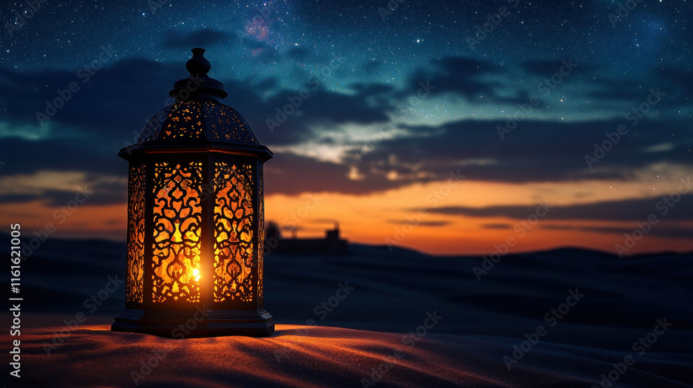 Illuminated Lantern in Desert Landscape Under Starry Night Illuminated Lantern in Desert Landscape Under Starry Night