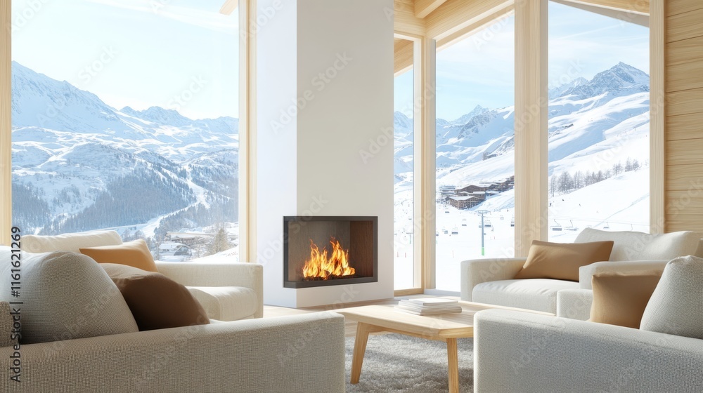 Fototapeta premium Winter interior scene, cozy chalet interior, ski resort chalet rent, spacious chalet, panoramic view, luxury realty
