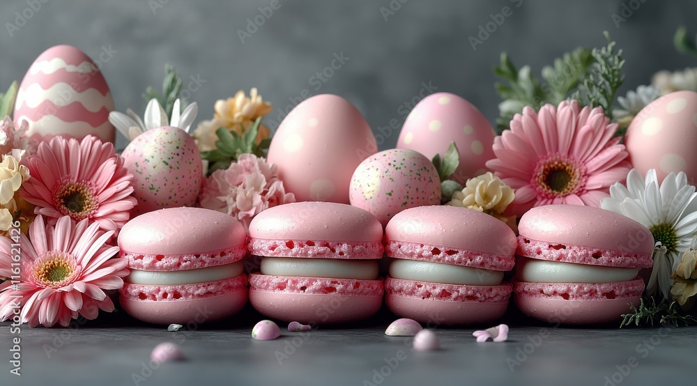 Obraz premium A table with a bunch of pink macarons and flowers