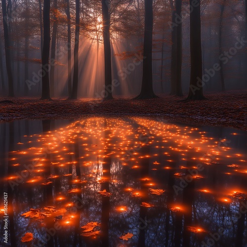 Autumnal Forest Pool: Glowing Leaves, Mystical Dawn photo