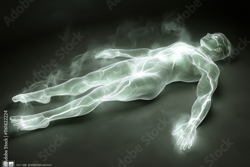 A translucent male figure emits a soft glow, symbolizing energy and vitality, set against a dark background for a striking visual impact. photo