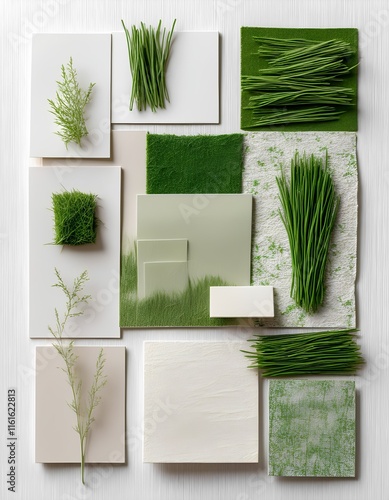 Grass, green themed mood board,Harmonious Botanical and Paper Craft Composition on Light Gray Background with Pale Green Grass, Realistic Illustration, Floral Design, Barcode Label, and Gray Card photo