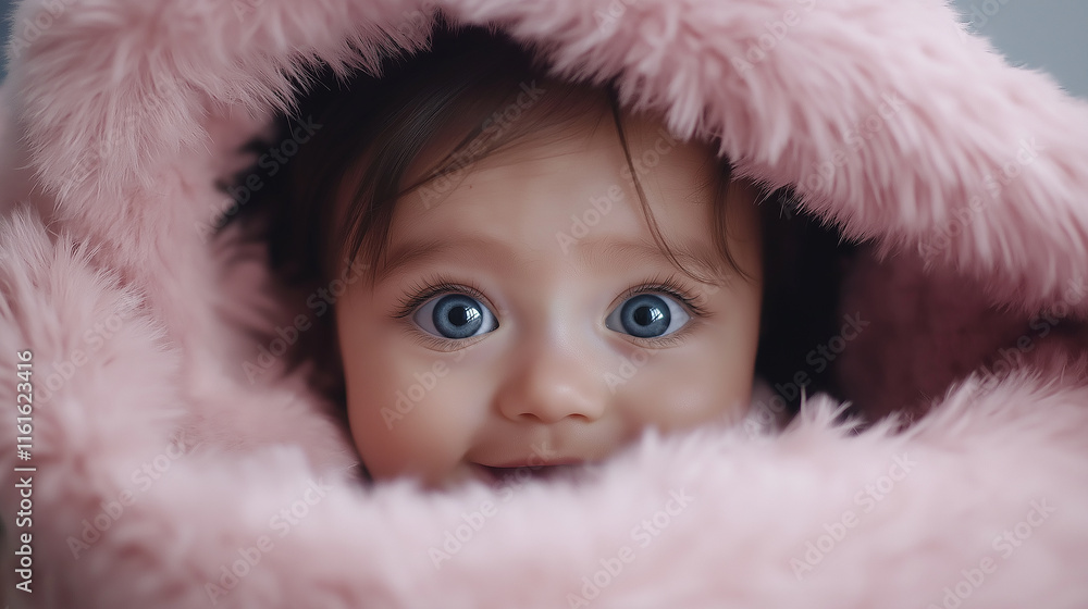 Adorable baby girl playing hide and seek under pink fur blanket Adorable baby girl playing hide and seek under pink fur blanket