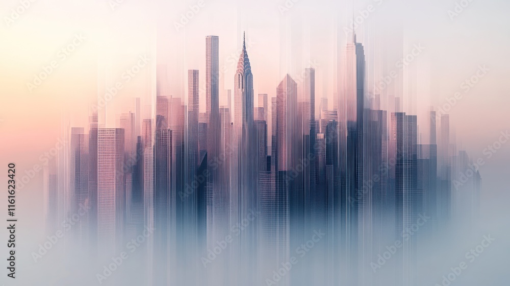 Fototapeta premium Dreamy, blurred cityscape at sunrise.