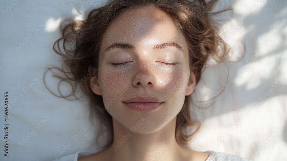 Relaxed woman with natural skin, captured in soft natural light for a peaceful and radiant look, on solid white background, single object Relaxed woman with natural skin, captured in soft natural light for a peaceful and radiant look, on solid white background, single object