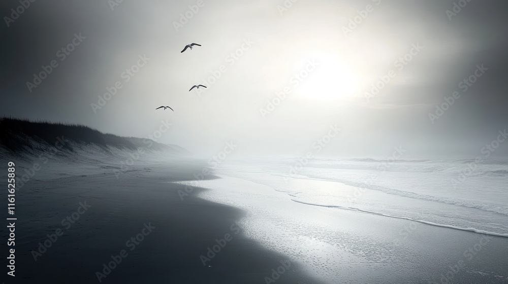 Obraz premium Serene coastal scene with birds in flight, hazy sunlight, and calm waves on a sandy beach.