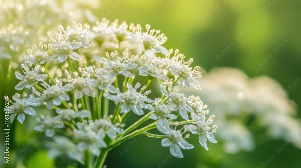 Dew-kissed white wildflowers in sunlight. Dew-kissed white wildflowers in sunlight.