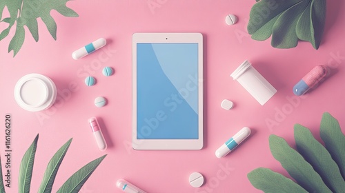 A minimalist telemedicine devices including a tablet, medicines, and healthcare tools, representing digital healthcare and remote medicine. telemedicine, digital health, and medical technology