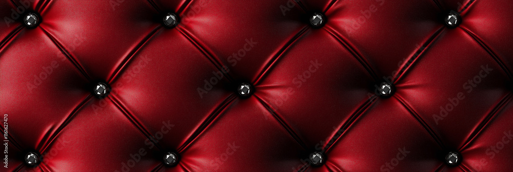 Fototapeta premium Luxurious red leather upholstery with crystal buttons forming a diamond pattern