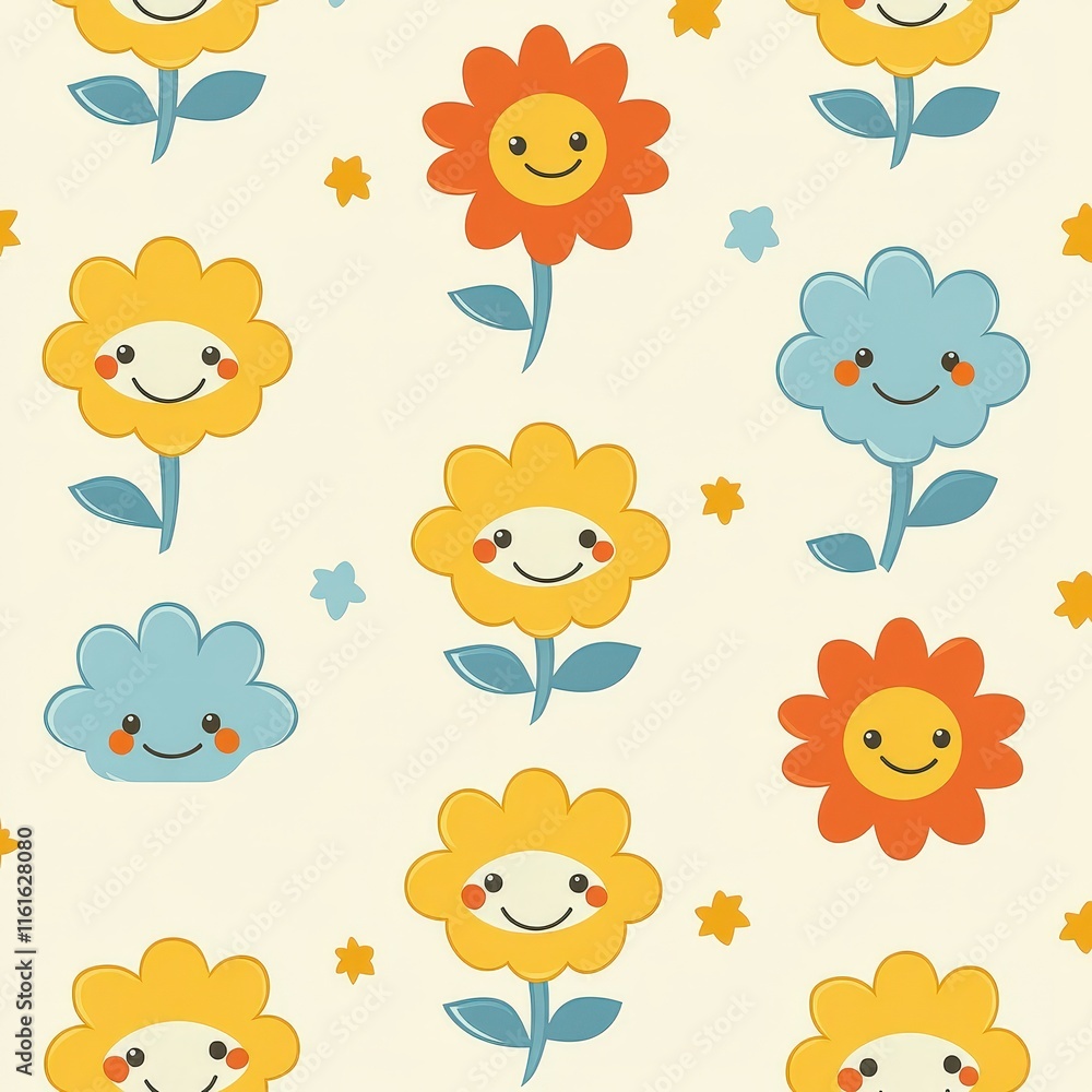 Naklejka premium A cheerful floral pattern featuring smiling flowers in blue, yellow, and orange, set against a light background, perfect for children's decor.