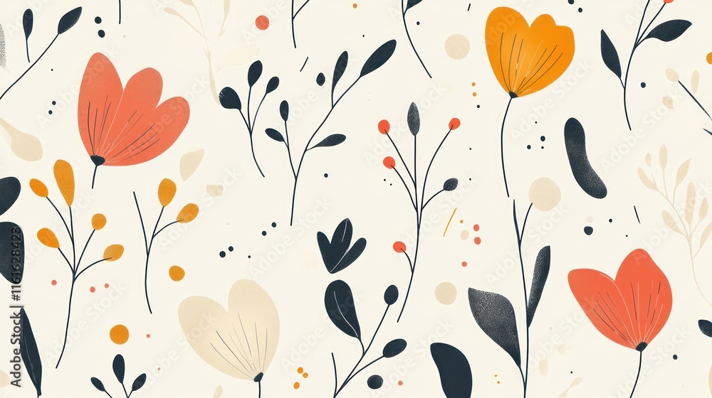 Obraz premium Seamless pattern with stylized flowers and leaves in warm colors on a cream background.