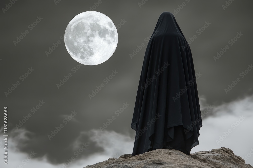 A mysterious figure draped in black gazes at a luminous full moon against a dark, moody sky. A mysterious figure draped in black gazes at a luminous full moon against a dark, moody sky.