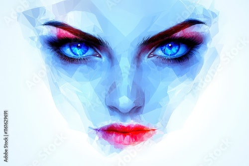 A striking digital illustration of a female figure with vivid blue eyes and bold red lips, highlighting sharp geometric patterns and vivid colors.