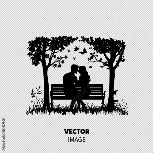 Silhouette of a couple kissing on a bench, surrounded by trees and butterflies in a serene park setting.