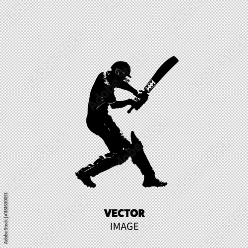 Silhouette of a male cricket player executing a powerful swing with his bat.