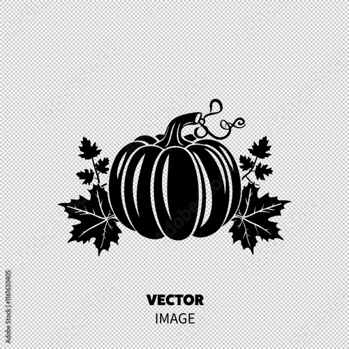 A striking black silhouette of a pumpkin surrounded by leaves, perfect for autumn-themed designs.