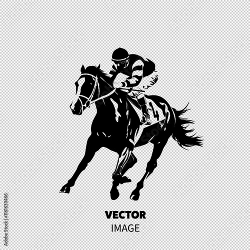 A powerful black silhouette of a jockey, wearing a striped shirt, riding a galloping horse, showcasing speed and elegance.