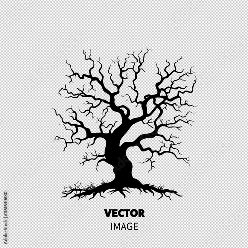 A striking black silhouette of a gnarled tree with twisted branches, creating a haunting and artistic effect.